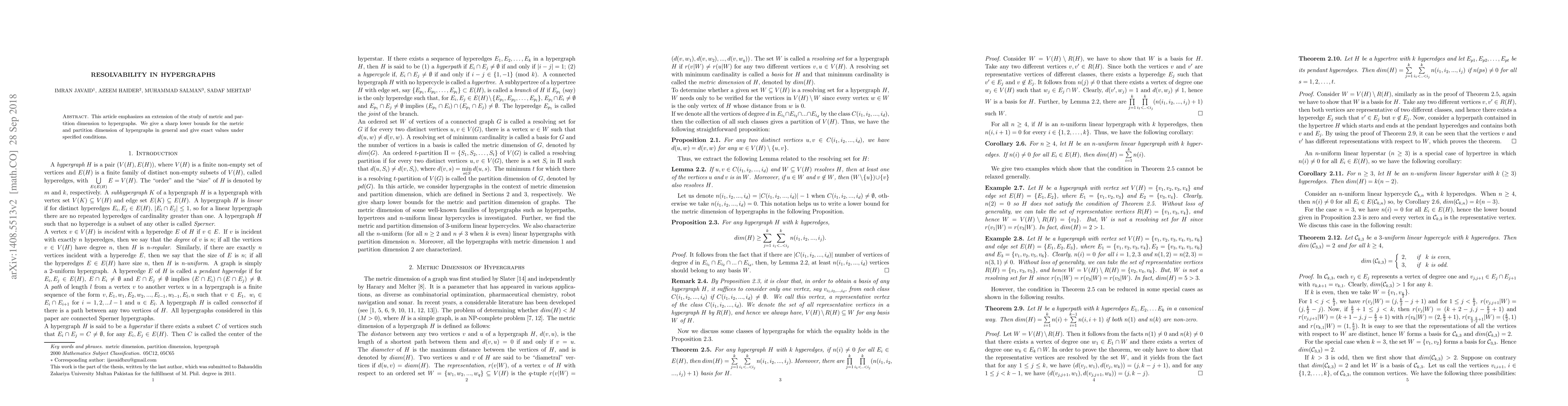 Thumbnail for Resolvability in Hypergraphs