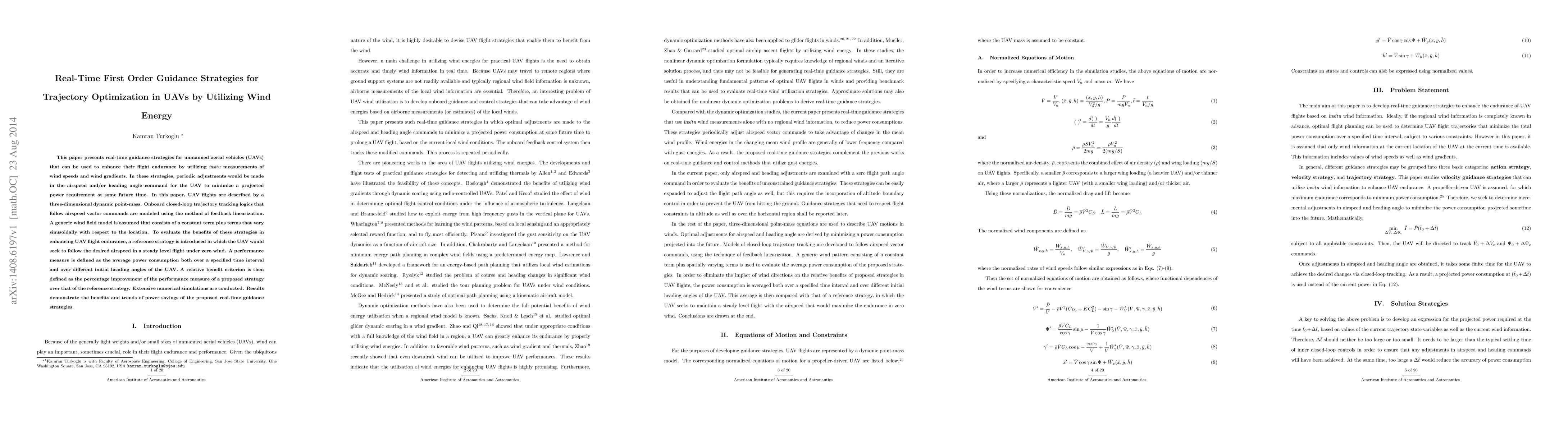 Thumbnail for Real-Time First Order Guidance Strategies for Trajectory Optimization in
  UAVs by Utilizing Wind Energy