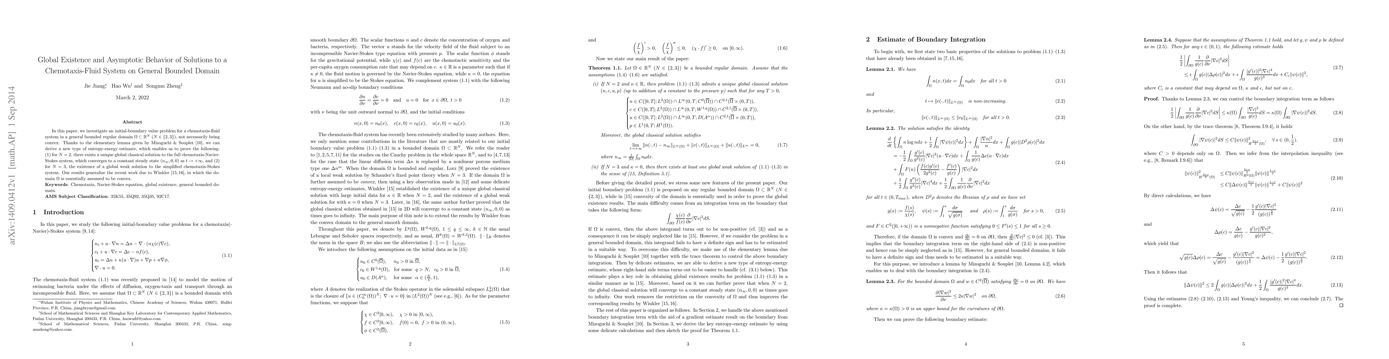 Thumbnail for Global Existence and Asymptotic Behavior of Solutions to a
  Chemotaxis-Fluid System on General Bounded Domain