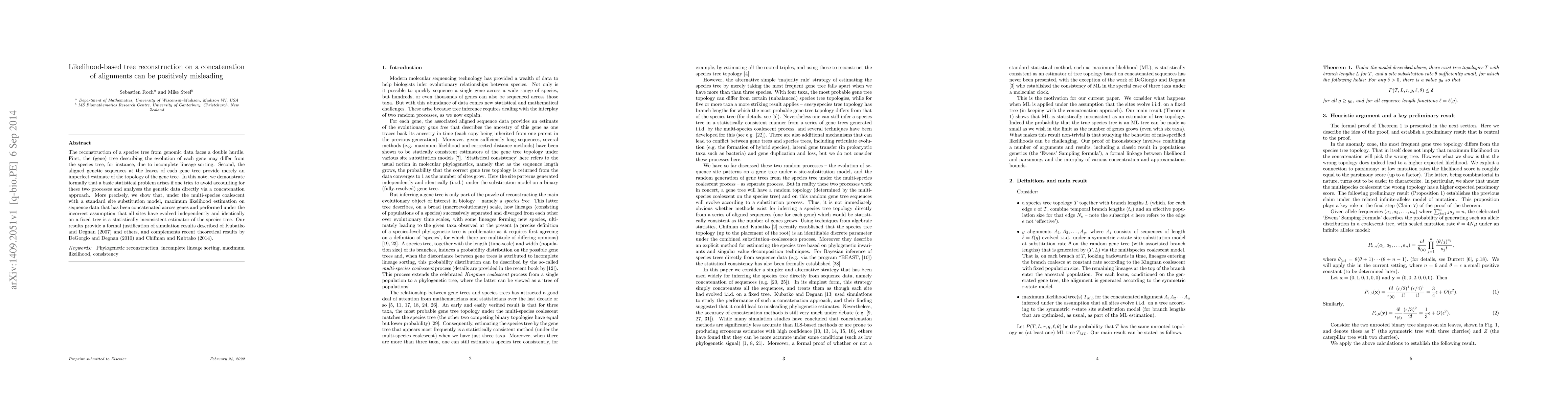 Thumbnail for Likelihood-based tree reconstruction on a concatenation of alignments
  can be positively misleading
