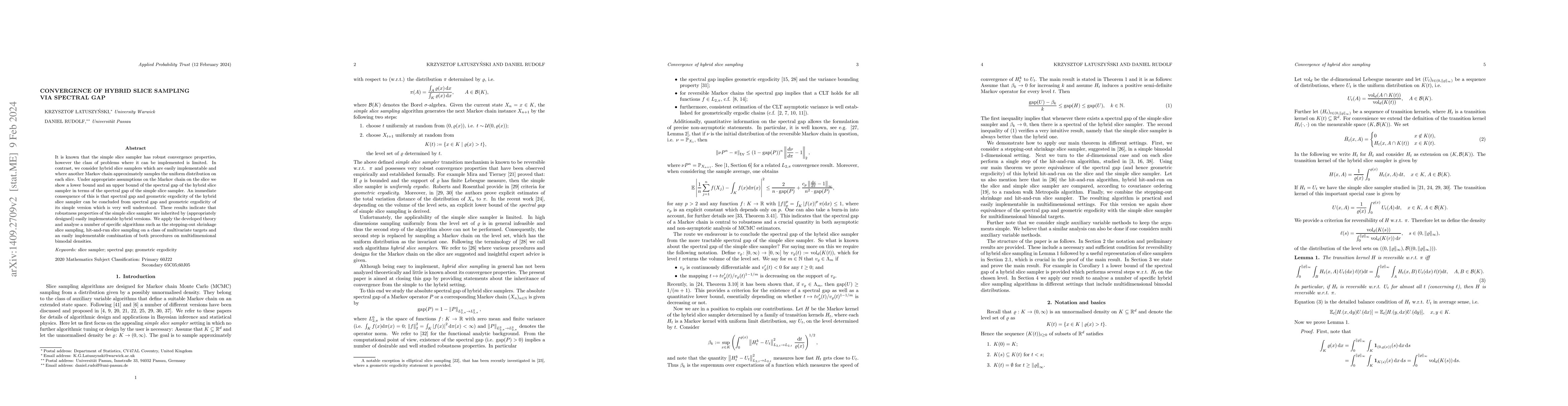 Thumbnail for Convergence of hybrid slice sampling via spectral gap