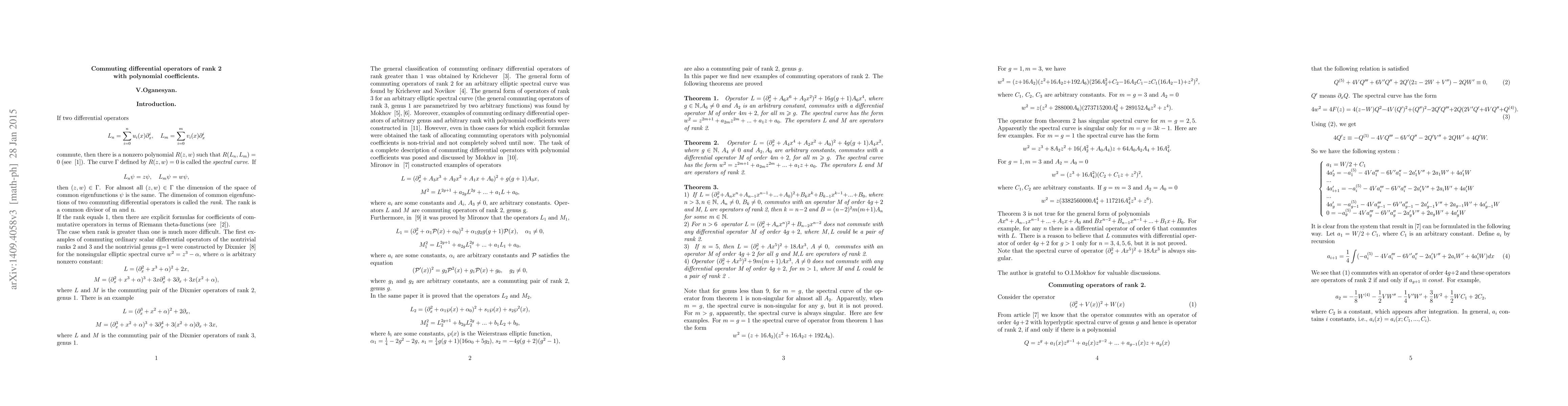 Thumbnail for Commuting differential operators of rank 2 with polynomial coefficients