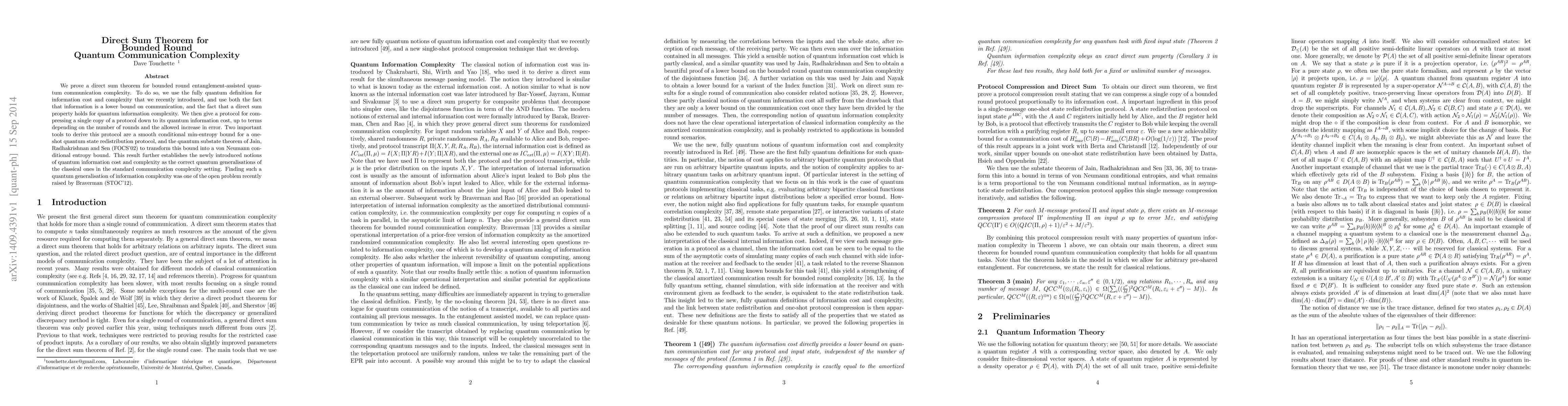 Thumbnail for Direct Sum Theorem for Bounded Round Quantum Communication Complexity
