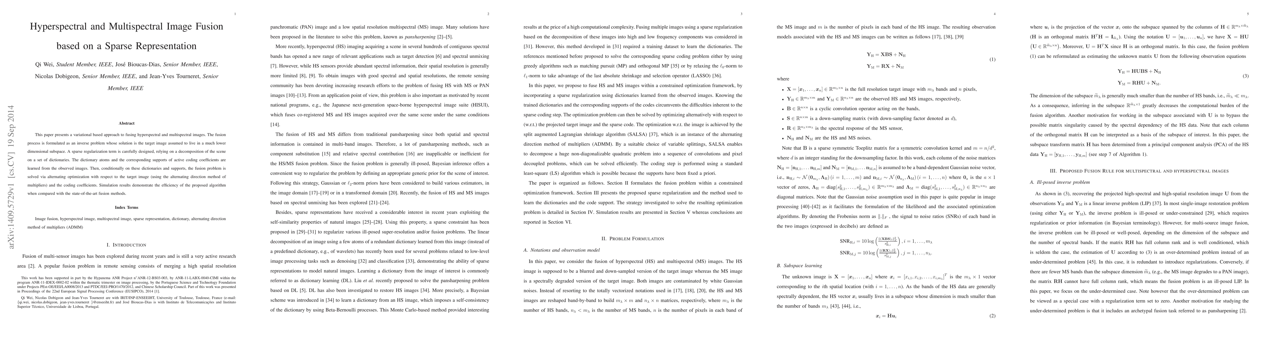 Thumbnail for Hyperspectral and Multispectral Image Fusion based on a Sparse
  Representation