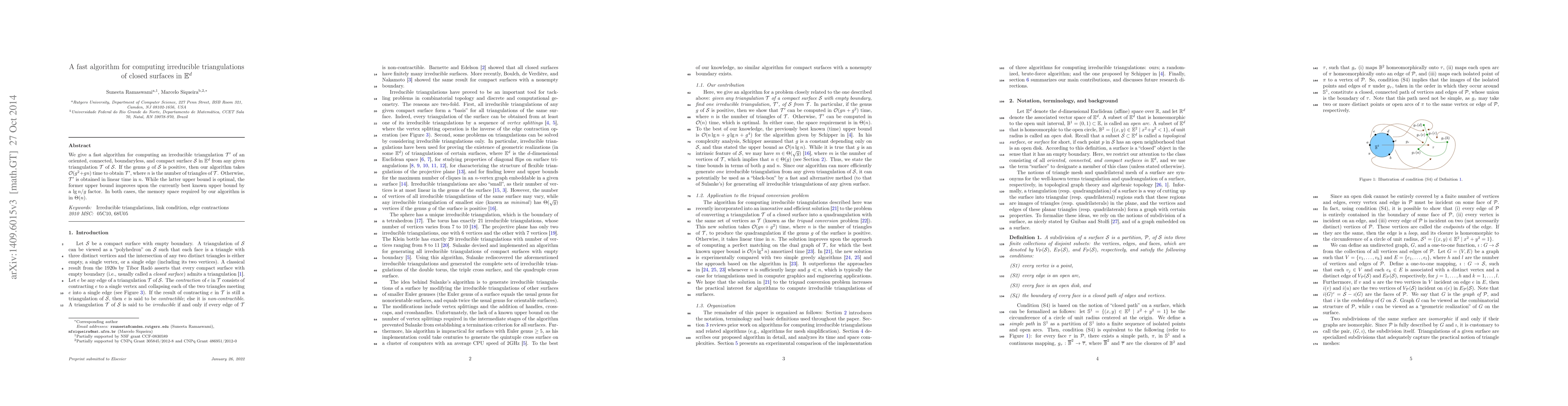 Thumbnail for A fast algorithm for computing irreducible triangulations of closed
  surfaces in $E^d$