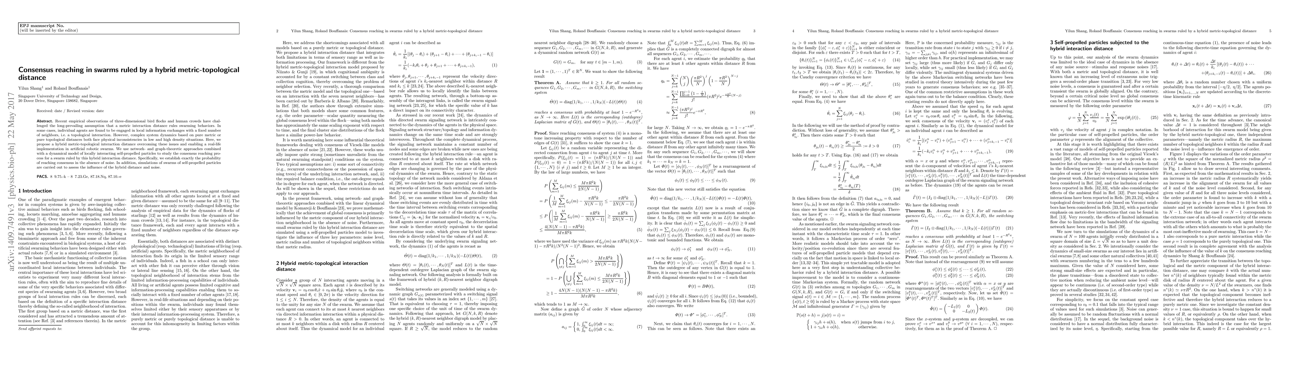 Thumbnail for Consensus reaching in swarms ruled by a hybrid metric-topological
  distance