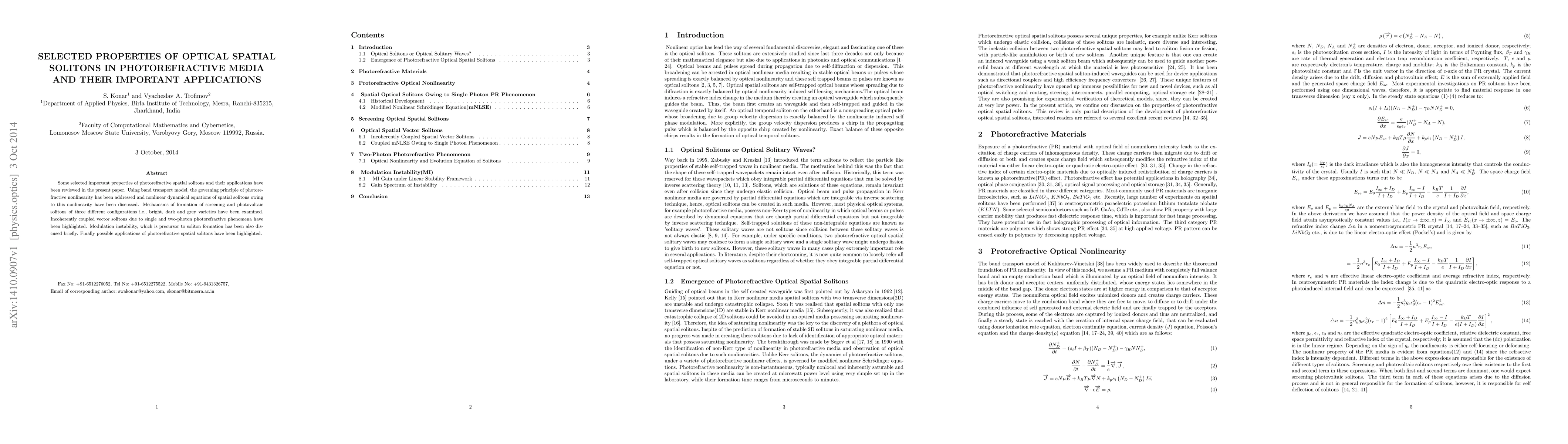 Thumbnail for Selected properties of optical spatial solitons in photorefractive media
  and their important applications
