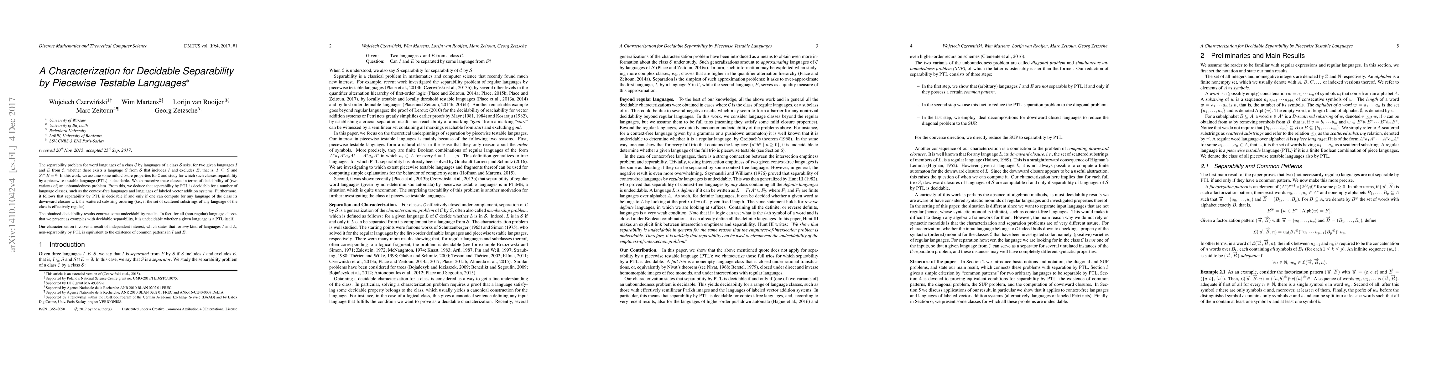 Thumbnail for A Characterization for Decidable Separability by Piecewise Testable
  Languages
