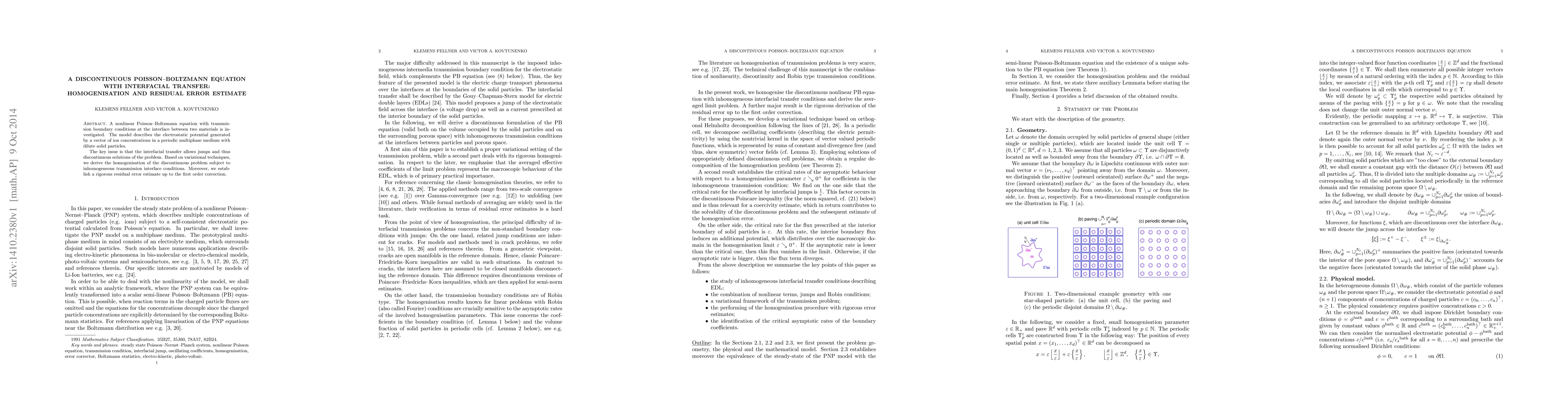 Thumbnail for A discontinuous Poisson--Boltzmann equation with interfacial transfer:
  homogenisation and residual error estimate