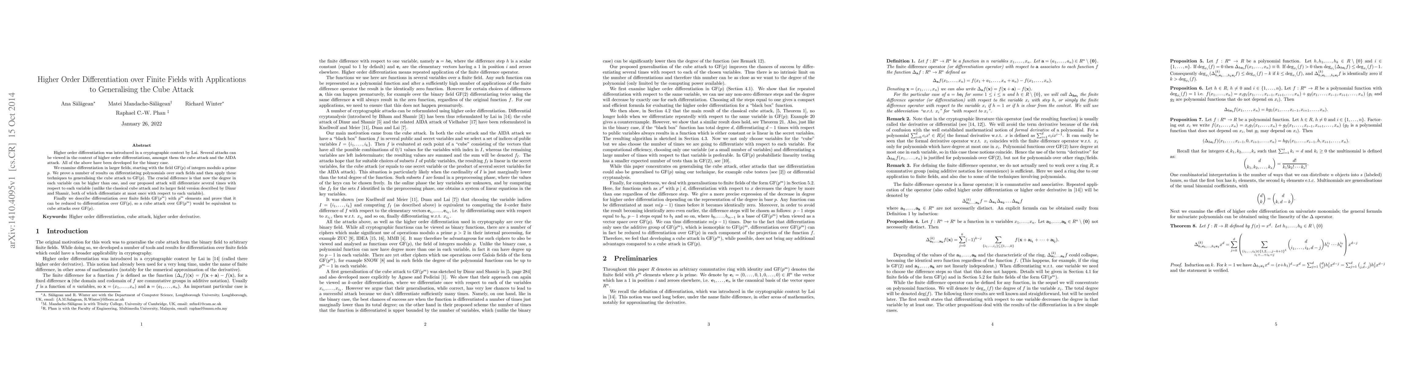 Thumbnail for Higher Order Differentiation over Finite Fields with Applications to
  Generalising the Cube Attack