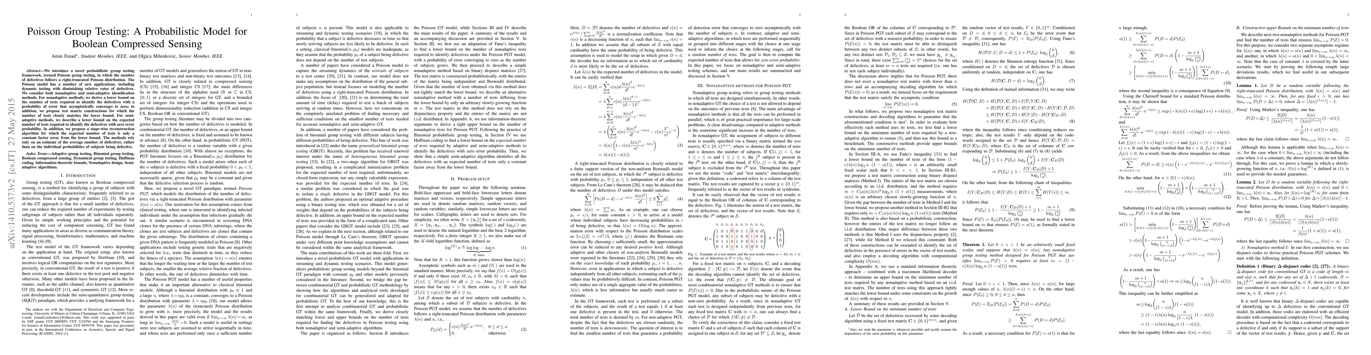 Thumbnail for Poisson Group Testing: A Probabilistic Model for Boolean Compressed
  Sensing