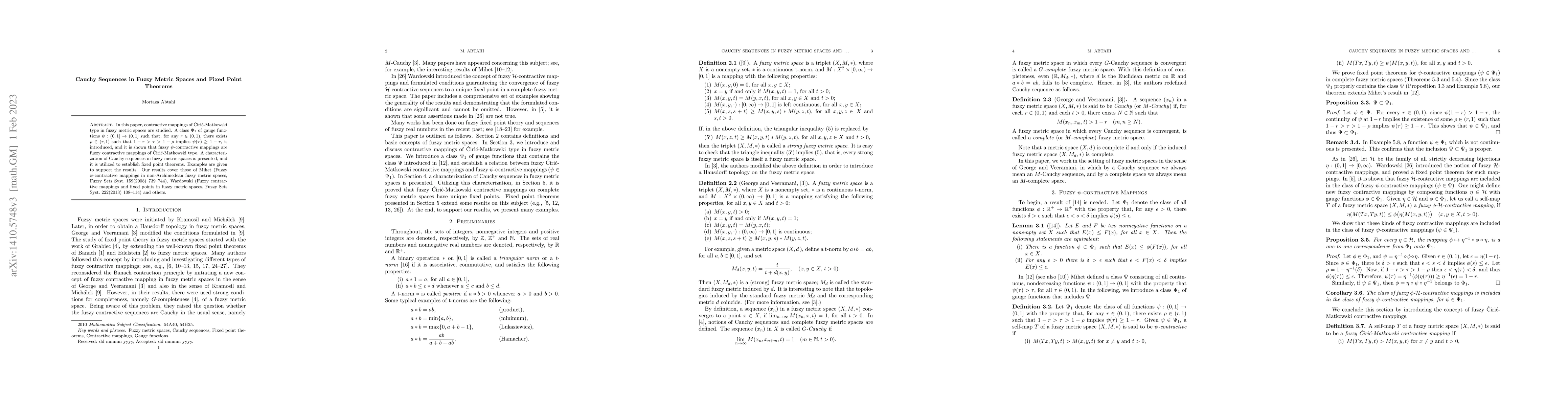 Thumbnail for Cauchy Sequences in Fuzzy Metric Spaces and Fixed Point Theorems