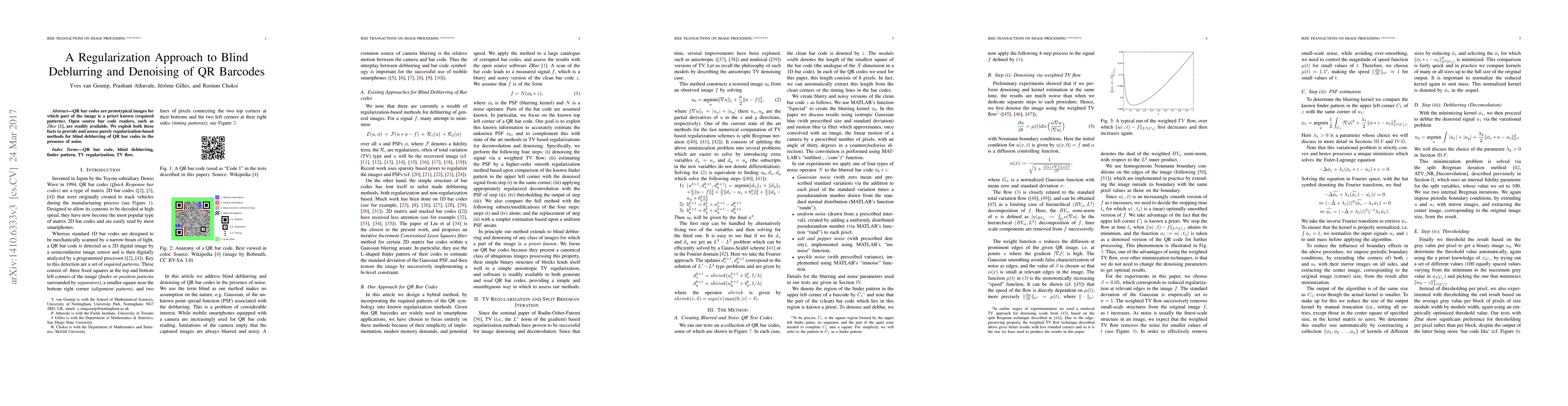 Thumbnail for A Regularization Approach to Blind Deblurring and Denoising of QR
  Barcodes