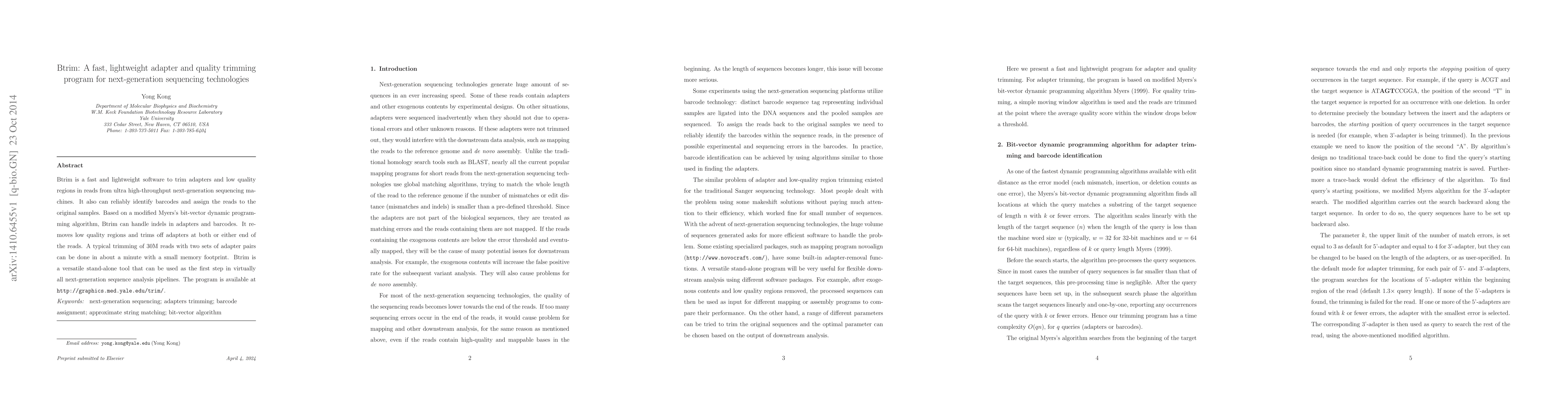Thumbnail for Btrim: A fast, lightweight adapter and quality trimming program for
  next-generation sequencing technologies