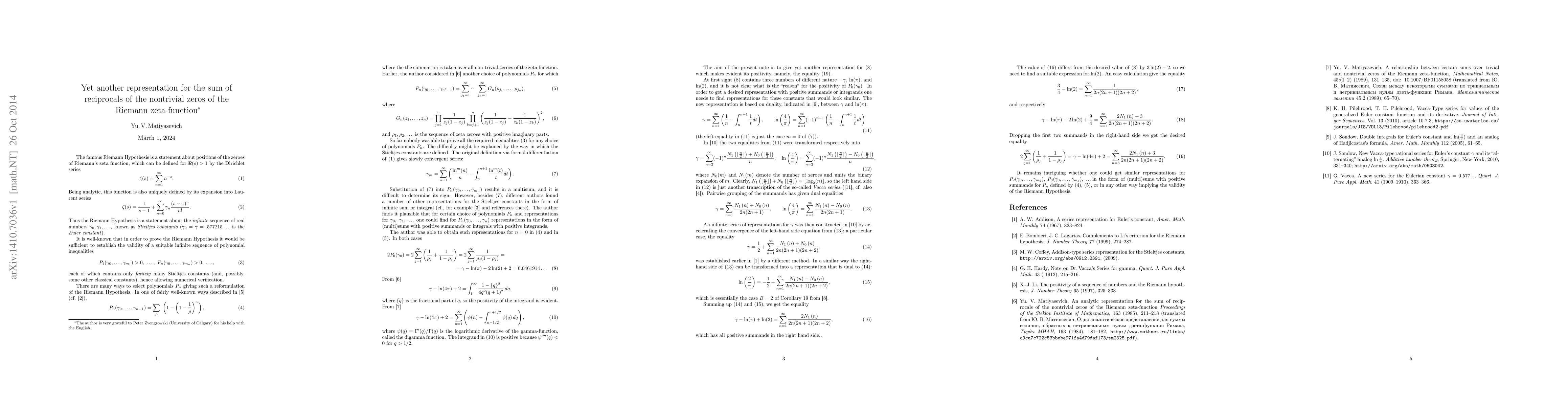 Thumbnail for Yet another representation for the sum of reciprocals of the nontrivial
  zeros of the Riemann zeta-function