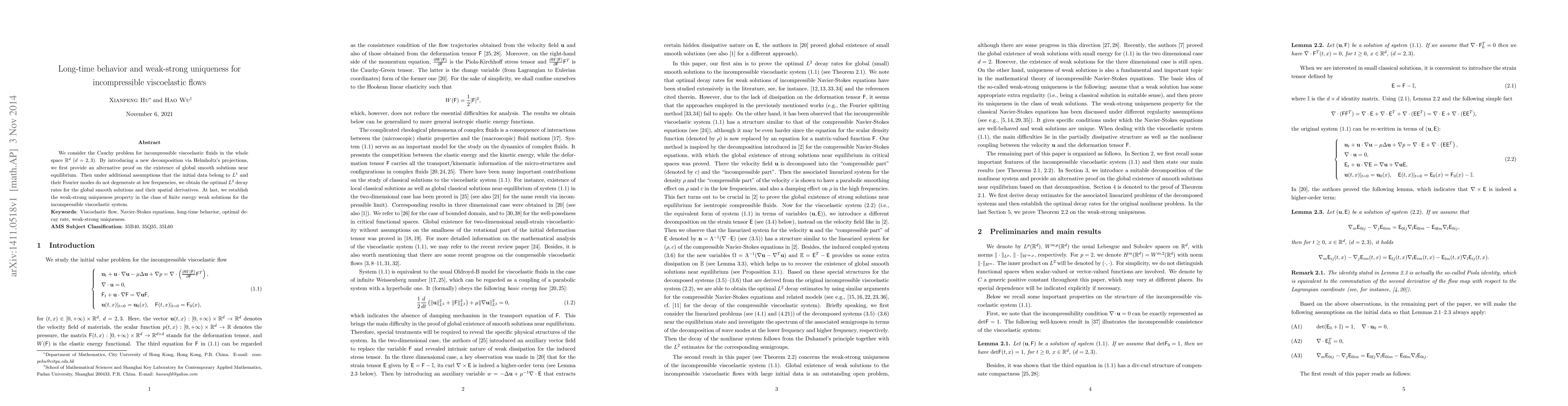 Thumbnail for Long-time behavior and weak-strong uniqueness for incompressible
  viscoelastic flows