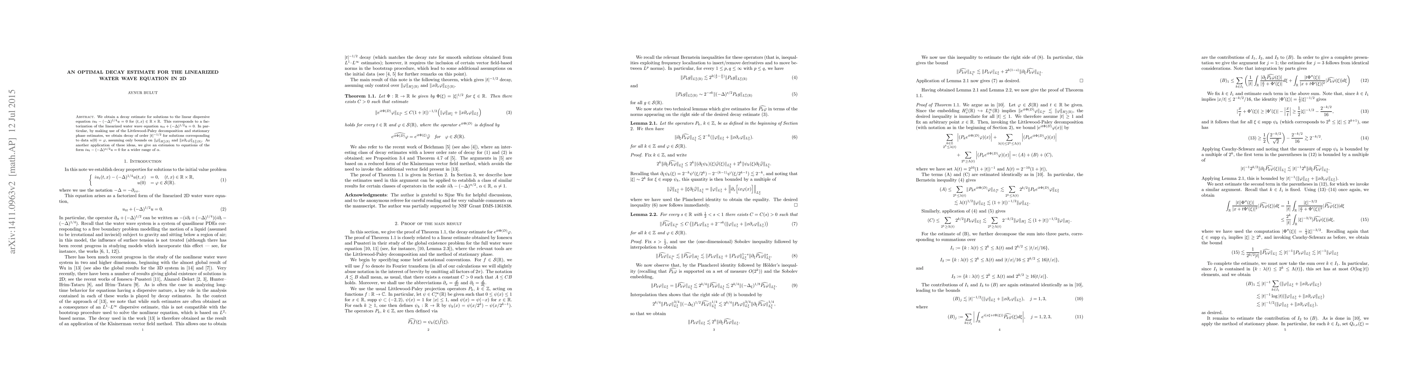 Thumbnail for An optimal decay estimate for the linearized water wave equation in 2D