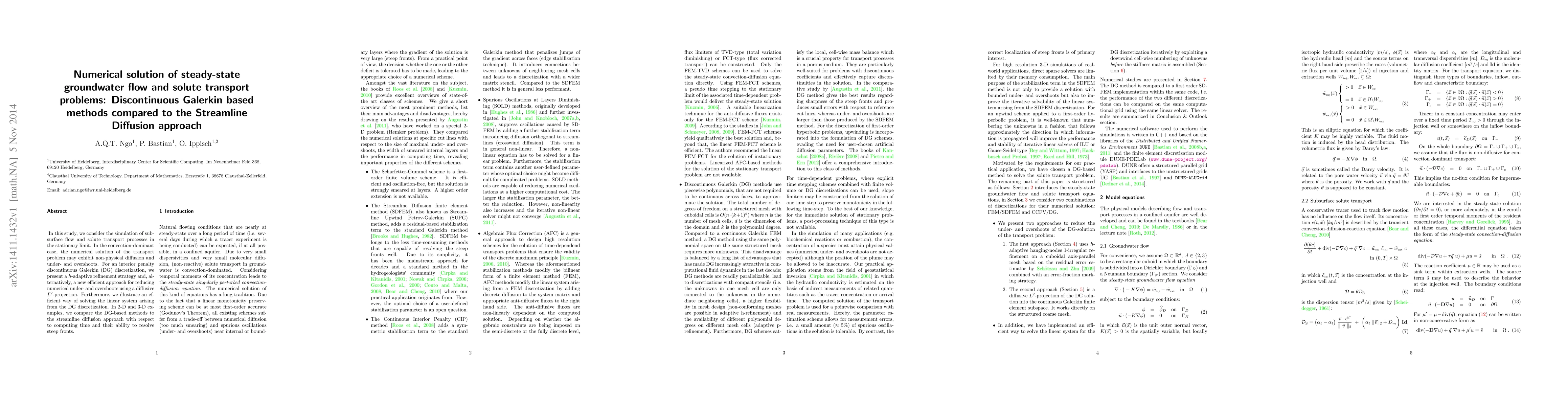 Thumbnail for Numerical solution of steady-state groundwater flow and solute transport
  problems: Discontinuous Galerkin based methods compared to the Streamline
  Diffusion approach