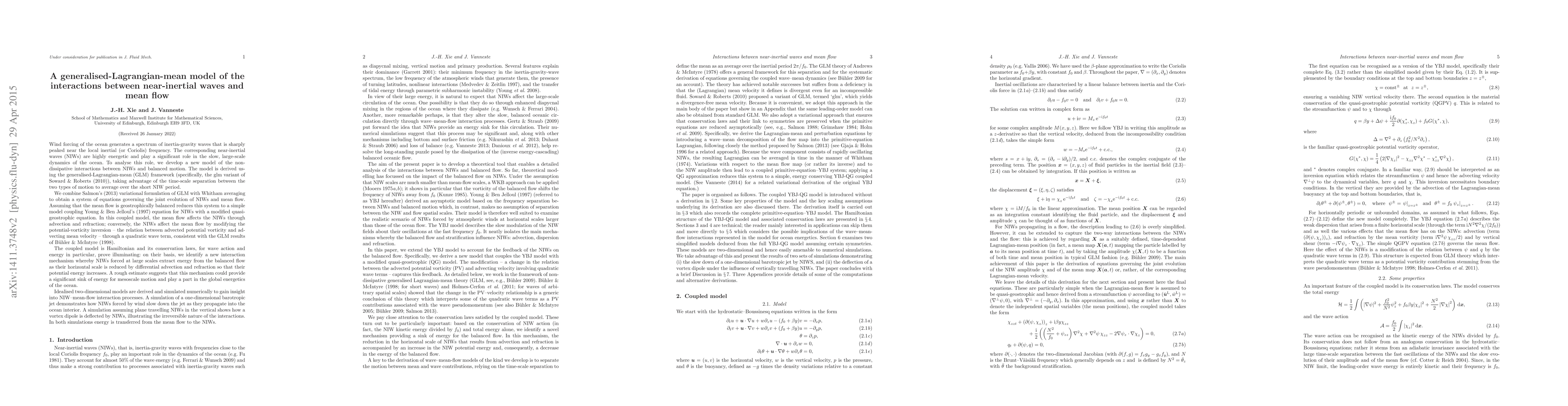 Thumbnail for A generalised-Lagrangian-mean model of the interactions between
  near-inertial waves and mean flow