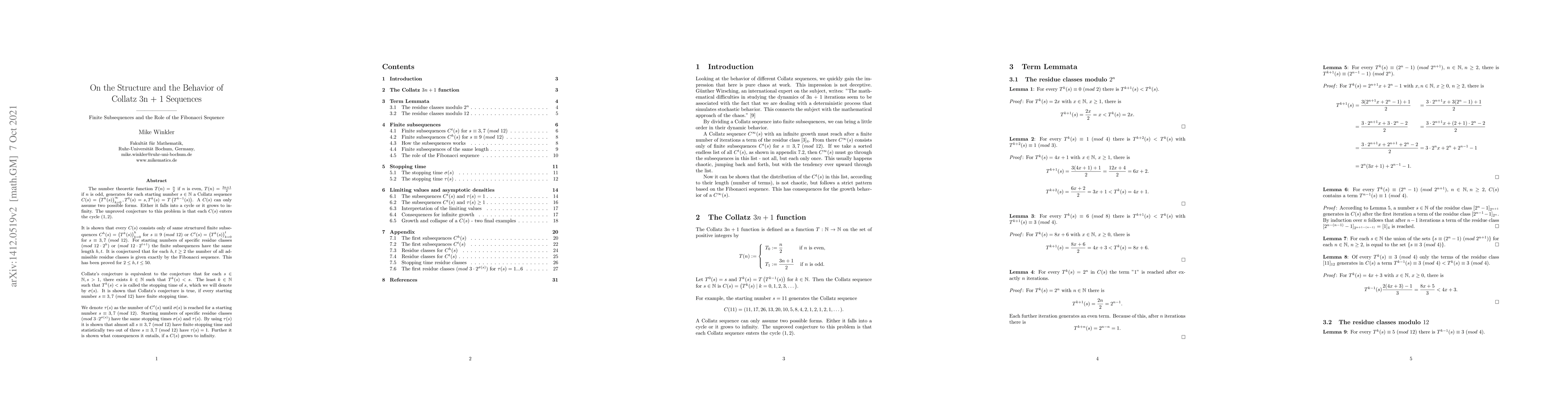 Thumbnail for On the Structure and the Behavior of Collatz 3n + 1 Sequences