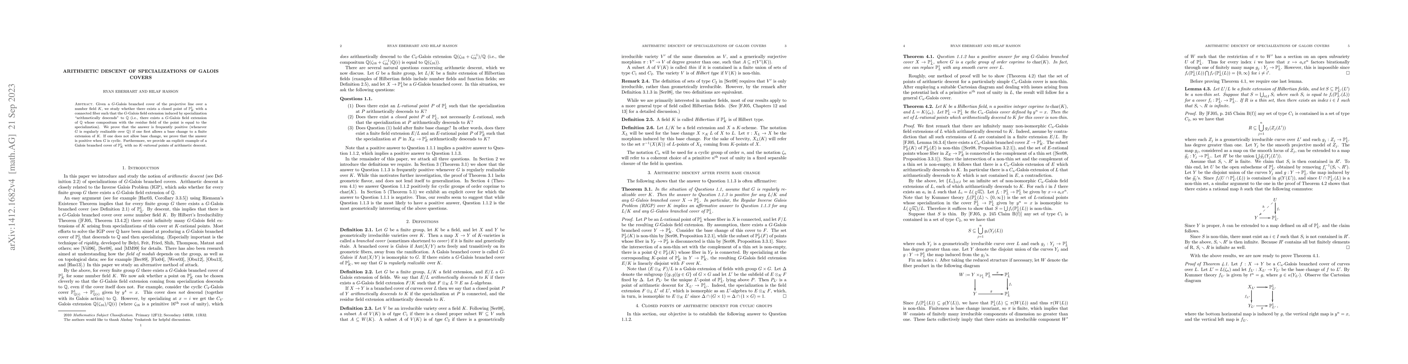 Thumbnail for Arithmetic descent of specializations of Galois covers