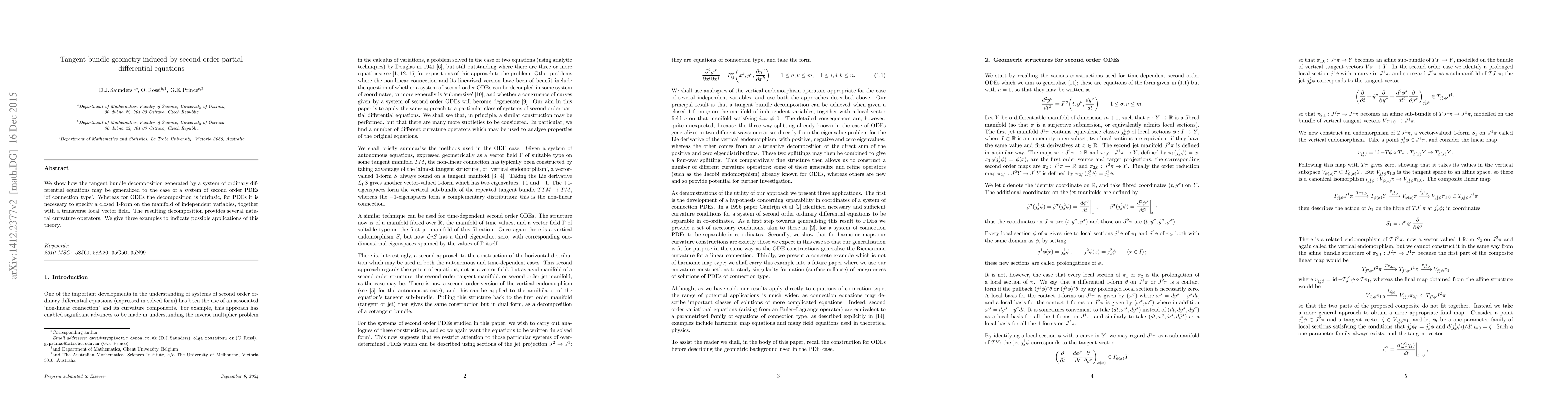 Thumbnail for Tangent bundle geometry induced by second order partial differential
  equations