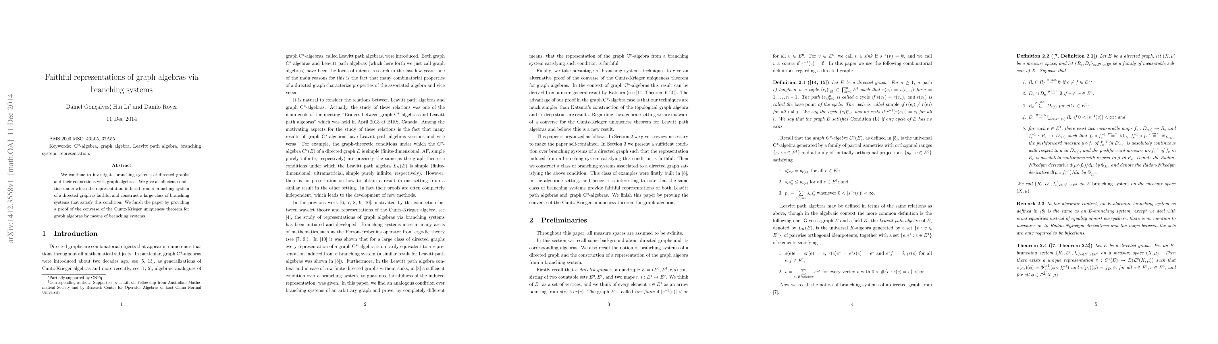 Thumbnail for Faithful representations of graph algebras via branching systems