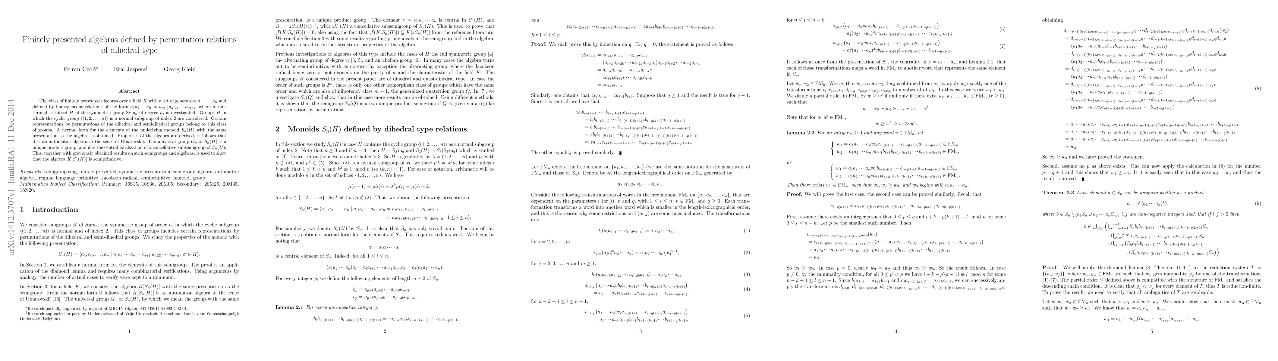 Thumbnail for Finitely presented algebras defined by permutation relations of dihedral
  type