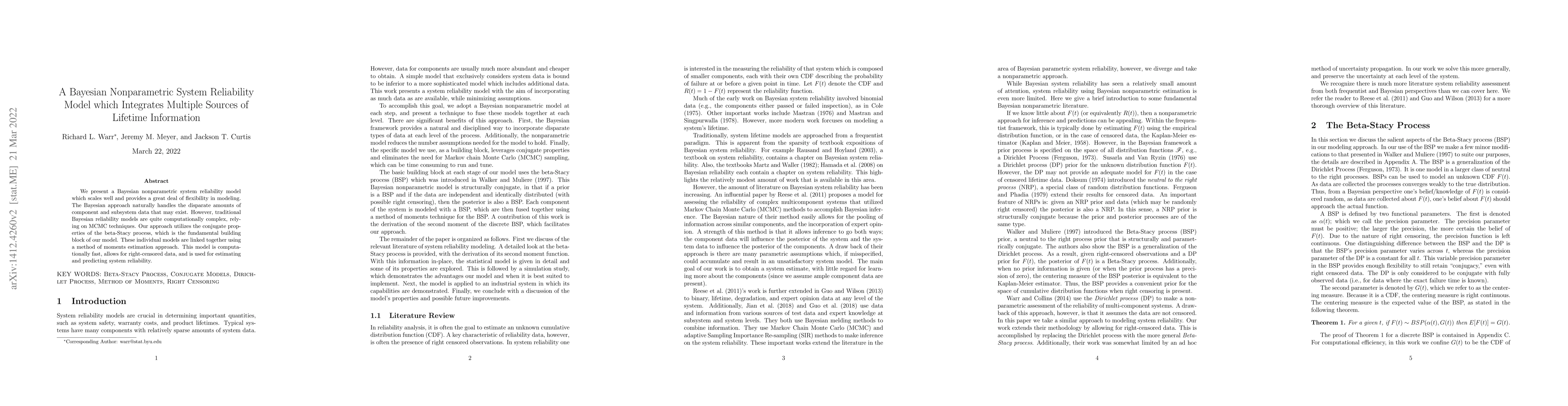 Thumbnail for A Bayesian Nonparametric System Reliability Model which Integrates
  Multiple Sources of Lifetime Information