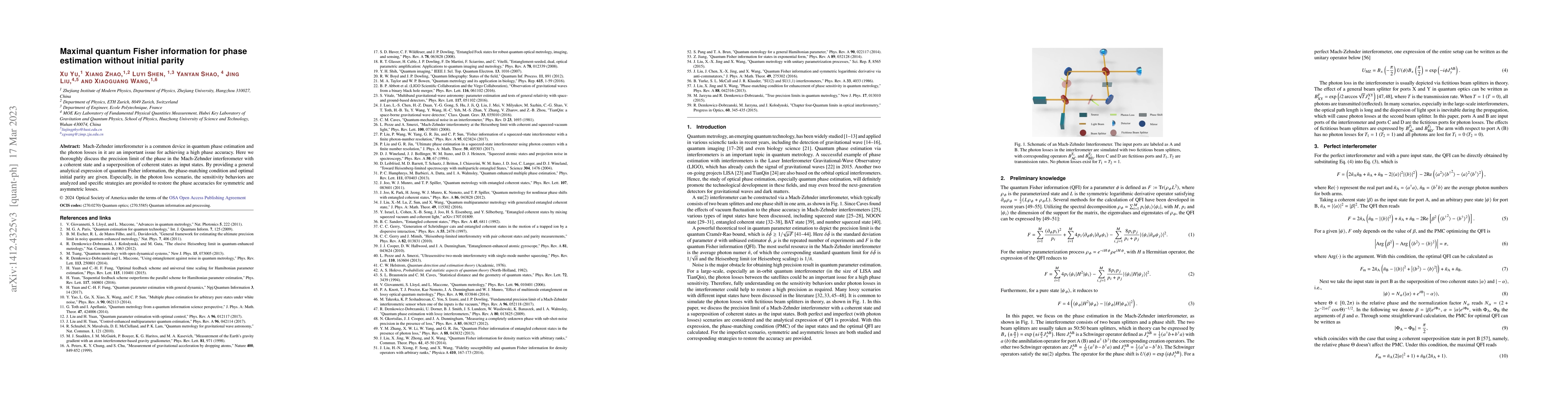 Thumbnail for Maximal quantum Fisher information for phase estimation without initial
  parity