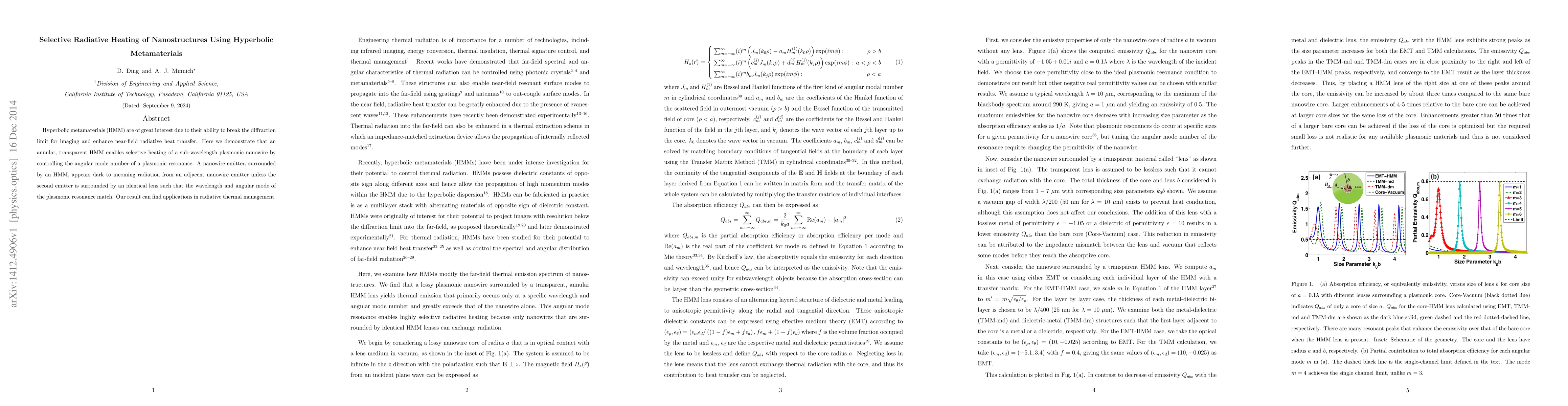 Thumbnail for Selective Radiative Heating of Nanostructures Using Hyperbolic
  Metamaterials