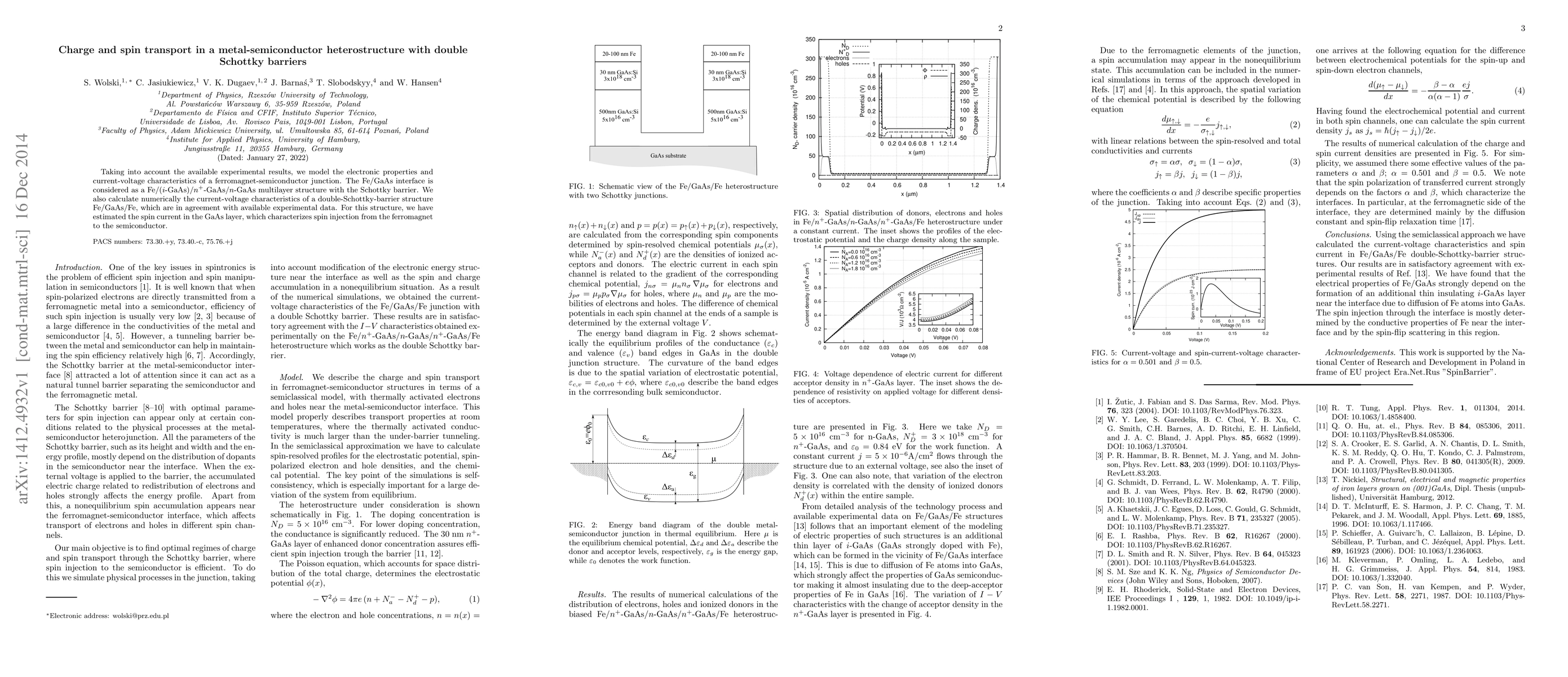 Thumbnail for Charge and spin transport in a metal-semiconductor heterostructure with
  double Schottky barriers
