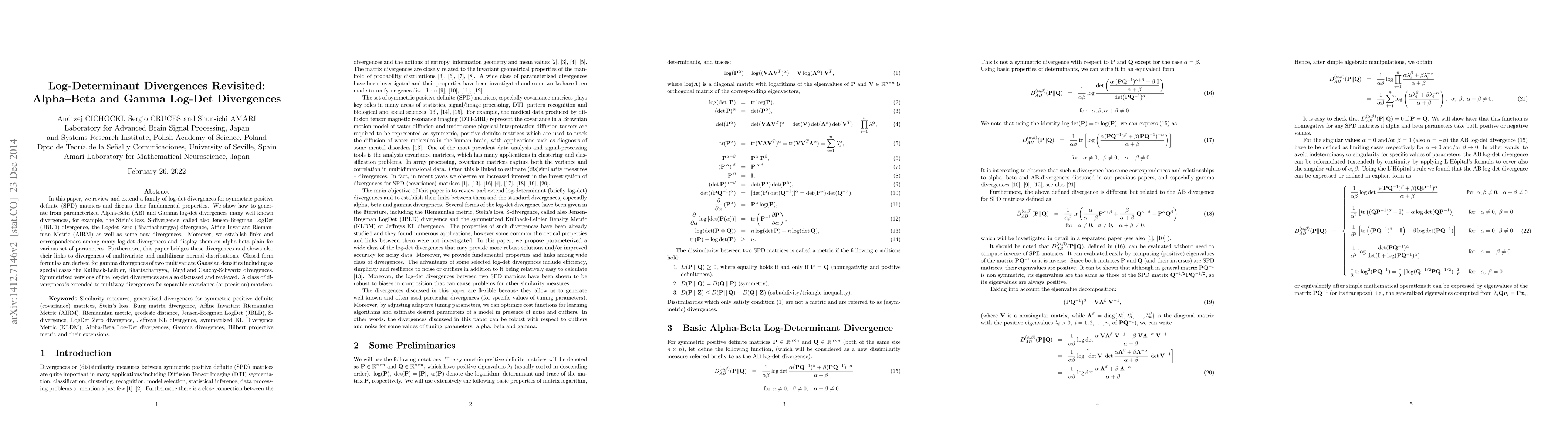 Thumbnail for Log-Determinant Divergences Revisited: Alpha--Beta and Gamma Log-Det
  Divergences