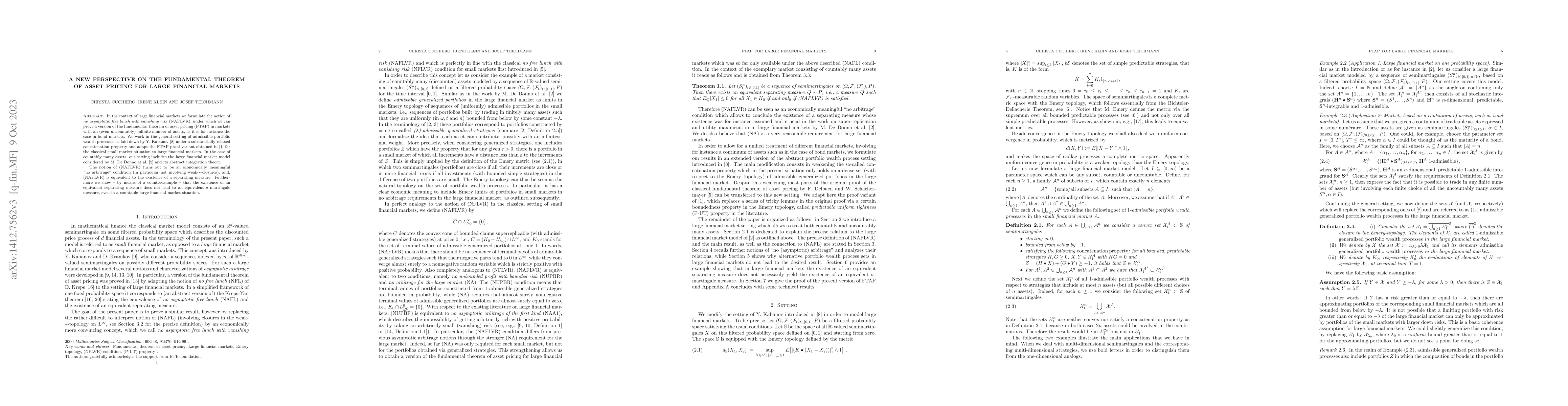Thumbnail for A new perspective on the fundamental theorem of asset pricing for large
  financial markets