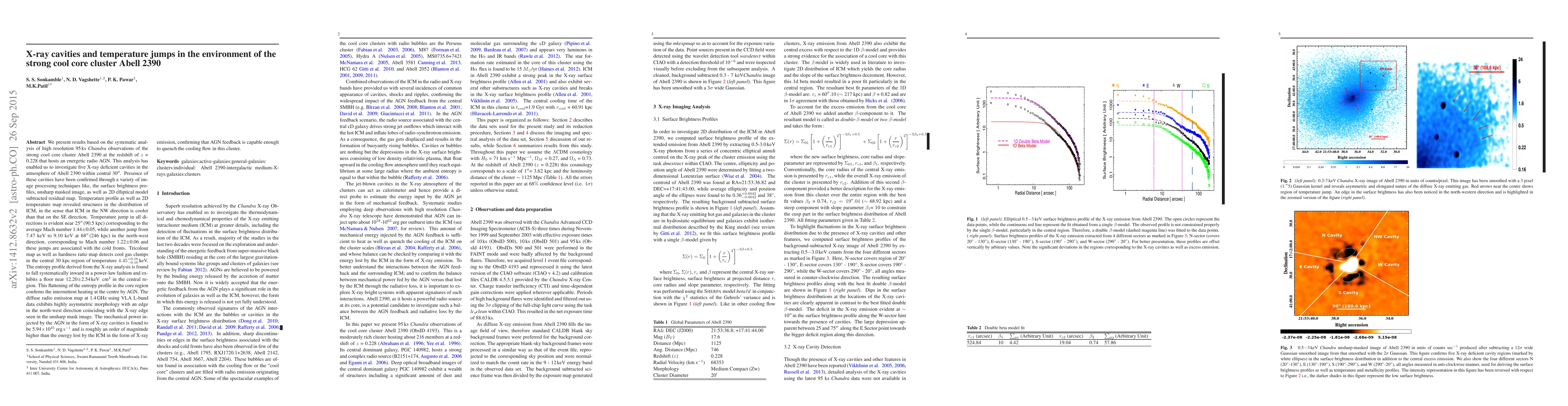 Thumbnail for X-ray cavities and temperature jumps in the environment of the strong
  cool core cluster Abell 2390