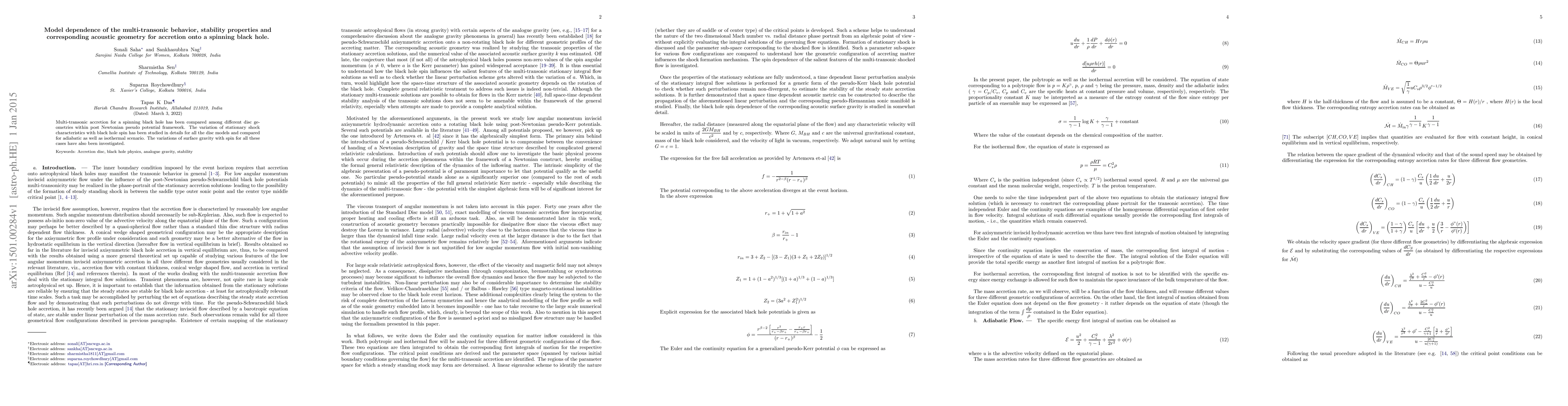 Thumbnail for Model dependence of the multi-transonic behavior, stability properties
  and corresponding acoustic geometry for accretion onto a spinning black hole