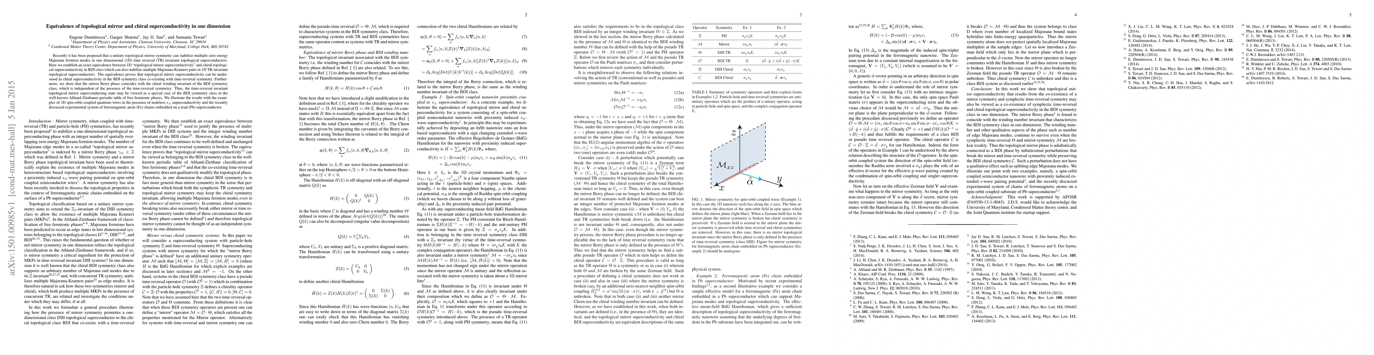 Thumbnail for Equivalence of topological mirror and chiral superconductivity in one
  dimension