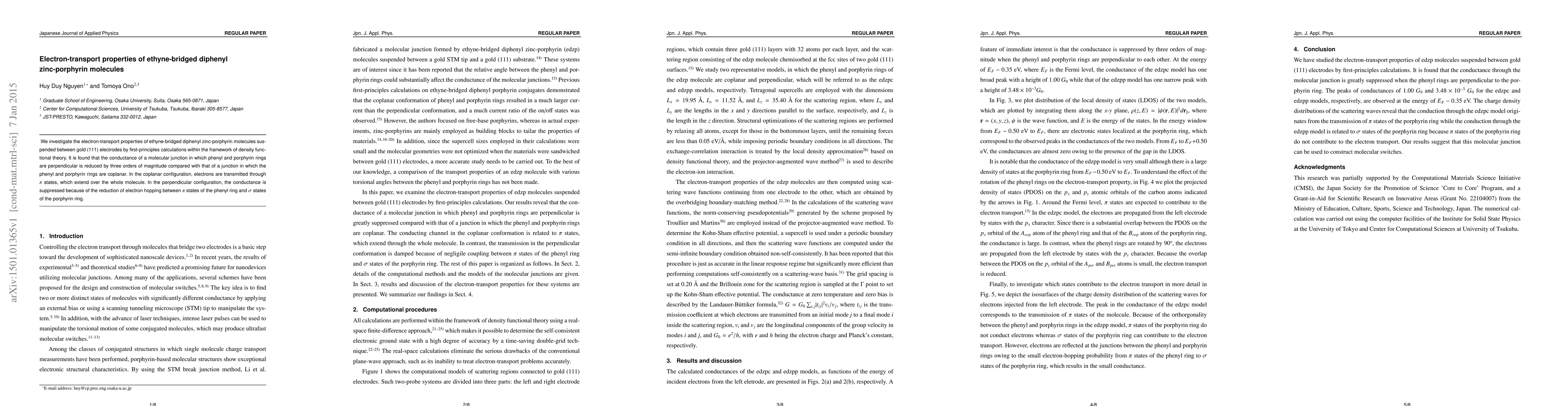 Thumbnail for Electron-transport properties of ethyne-bridged diphenyl zinc-porphyrin
  molecules