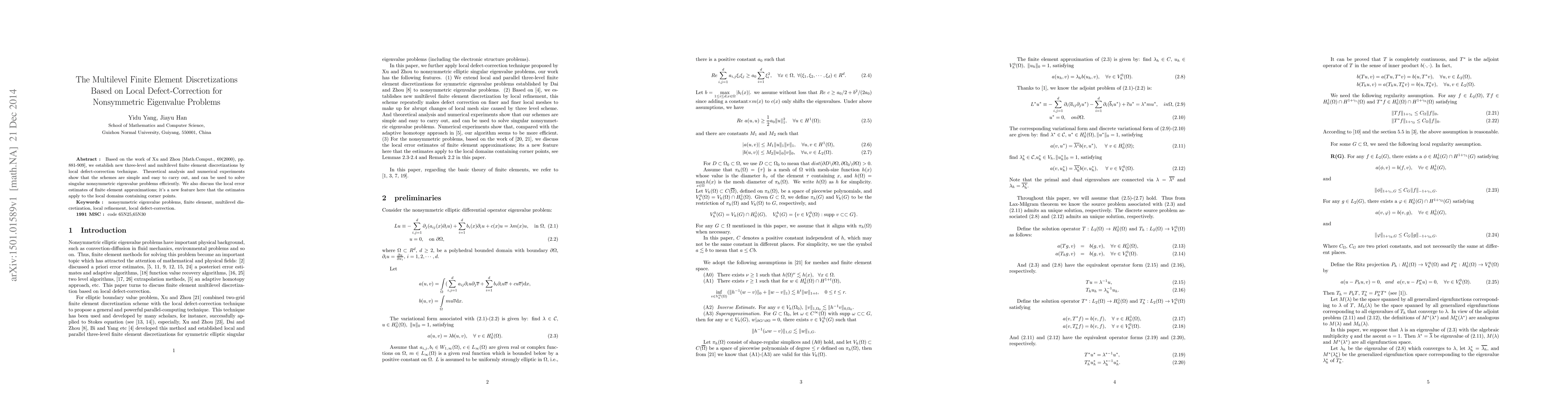Thumbnail for The Multilevel Finite Element Discretizations Based on Local
  Defect-Correction for Nonsymmetric Eigenvalue Problems