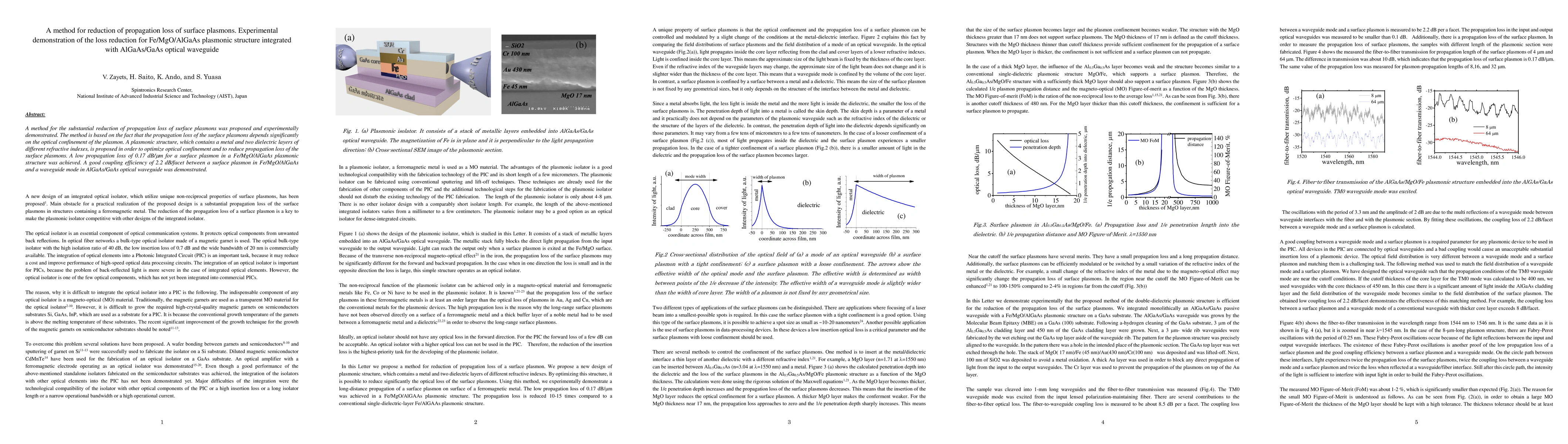 Thumbnail for A method for reduction of propagation loss of surface plasmons.
  Experimental demonstration of the loss reduction for Fe/MgO/AlGaAs plasmonic
  structure integrated with AlGaAs/GaAs optical waveguide