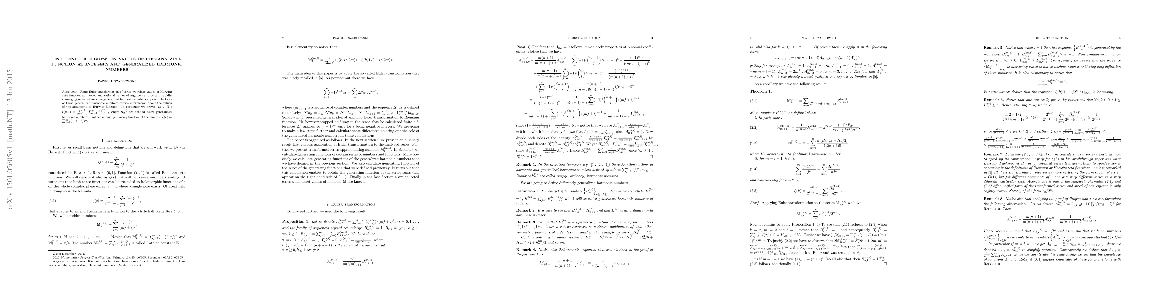Thumbnail for On connection between values of Riemann zeta function at integers and
  generalized harmonic numbers