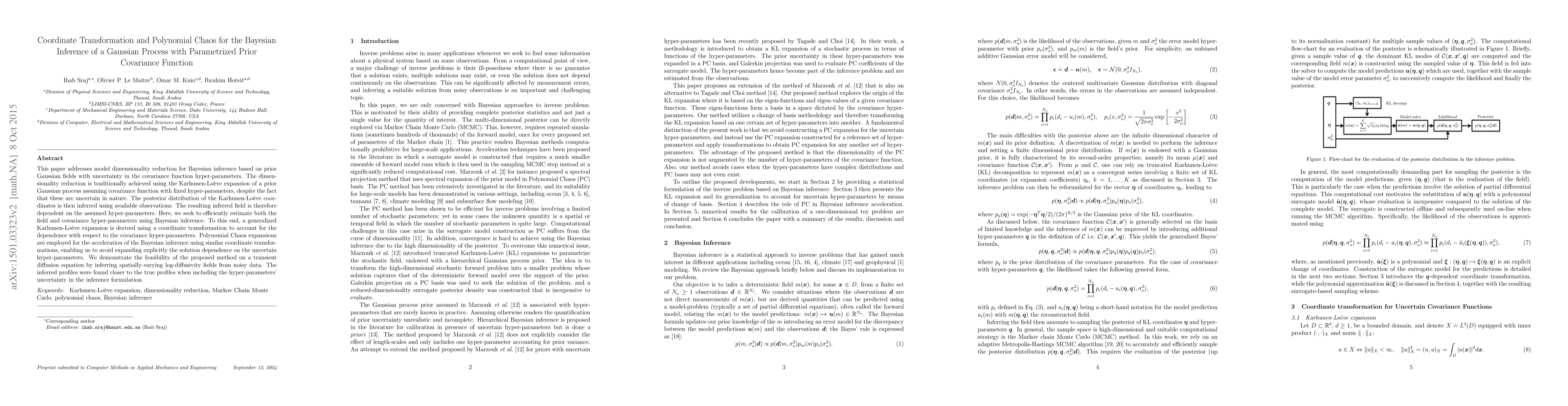 Thumbnail for Coordinate Transformation and Polynomial Chaos for the Bayesian
  Inference of a Gaussian Process with Parametrized Prior Covariance Function