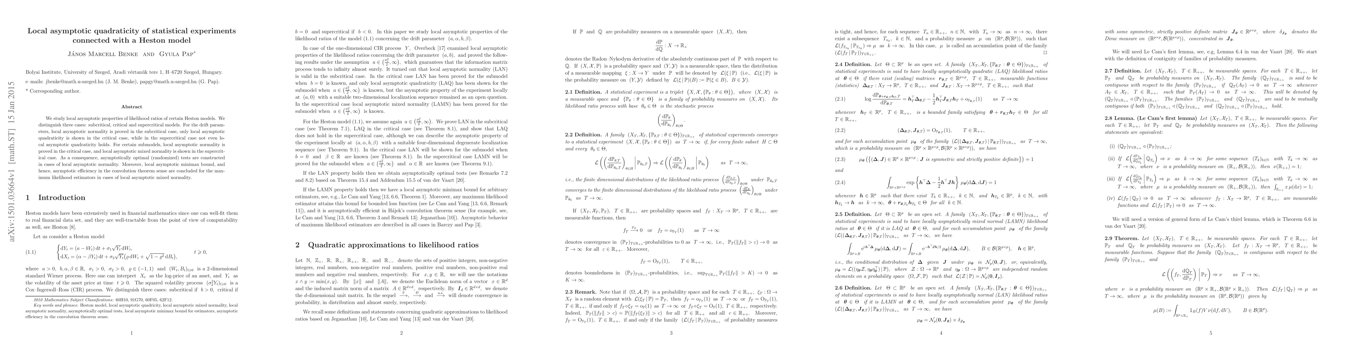 Thumbnail for Local asymptotic quadraticity of statistical experiments connected with
  a Heston model