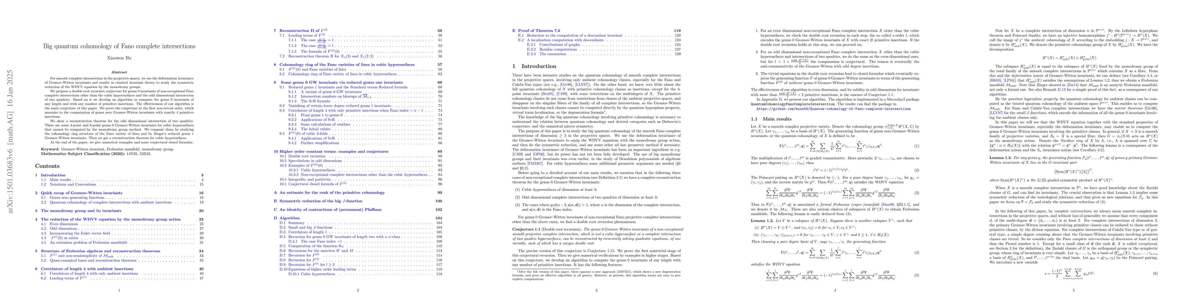 Thumbnail for Big quantum cohomology of Fano complete intersections