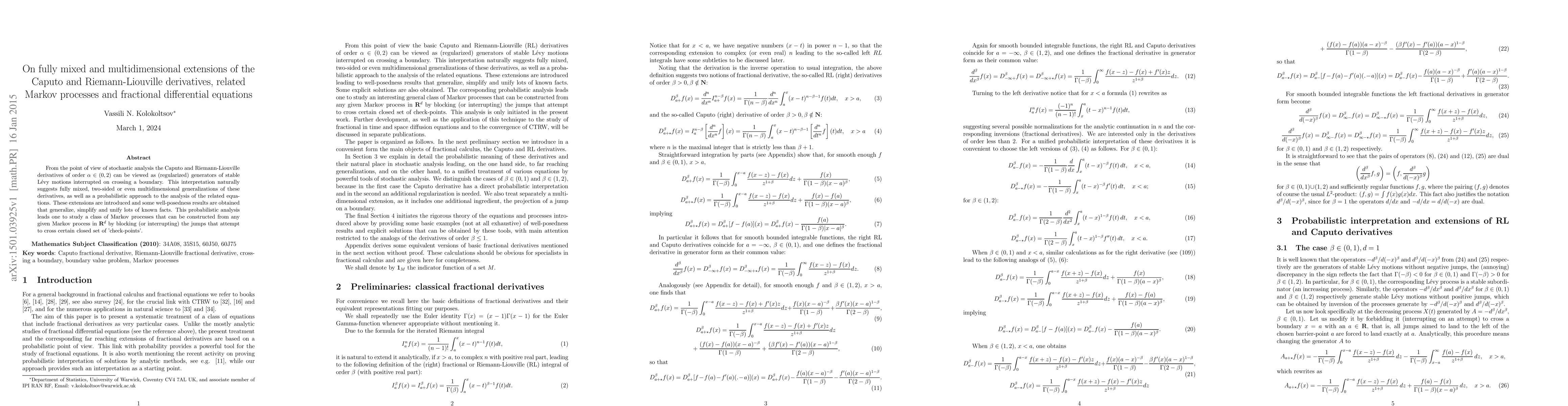Thumbnail for On fully mixed and multidimensional extensions of the Caputo and
  Riemann-Liouville derivatives, related Markov processes and fractional
  differential equations