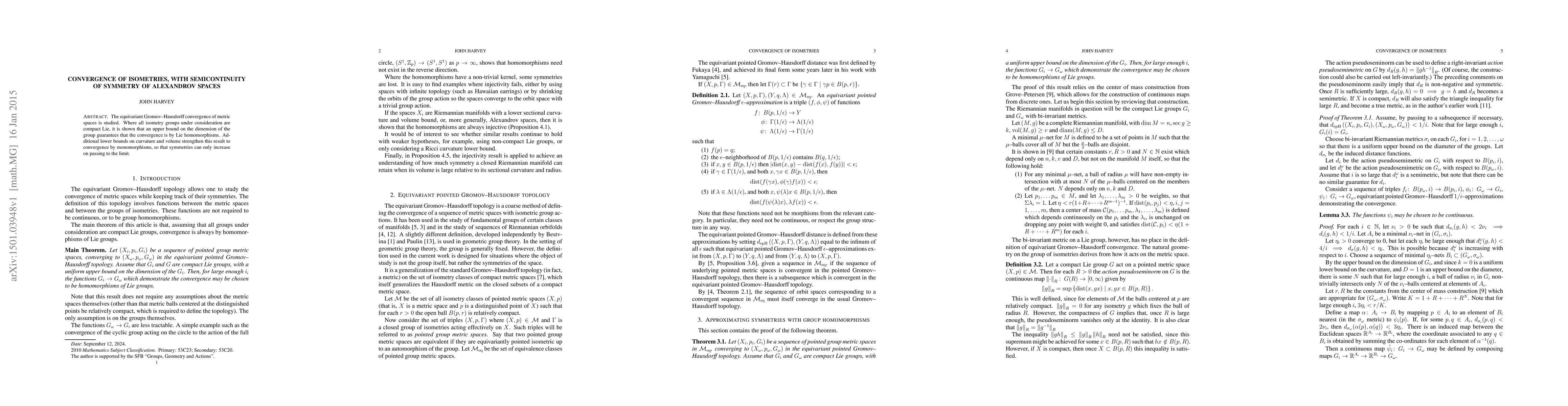 Thumbnail for Convergence of isometries, with semicontinuity of symmetry of Alexandrov
  spaces