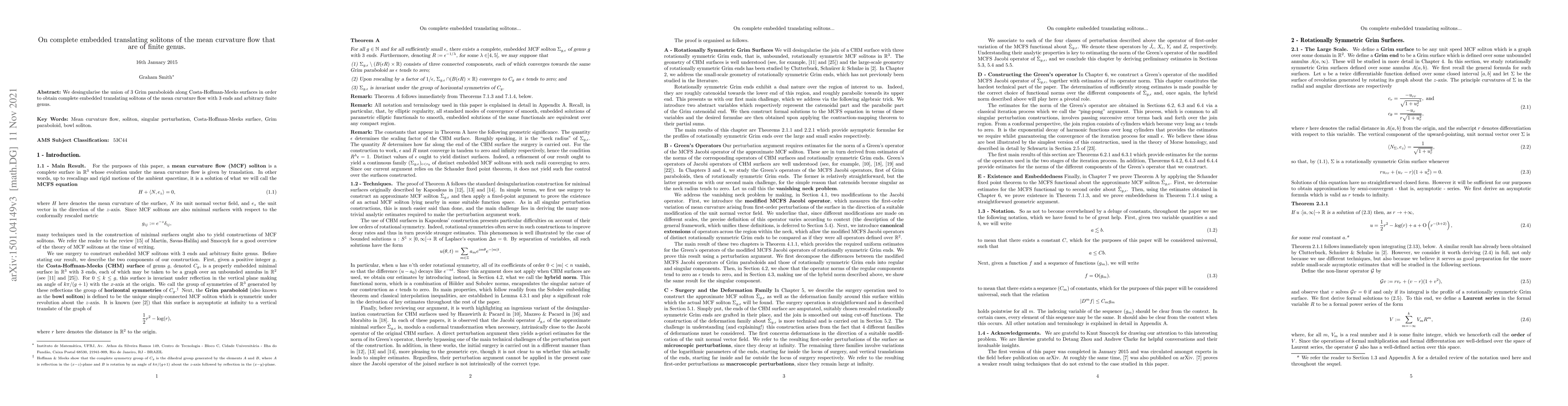 Thumbnail for On complete embedded translating solitons of the mean curvature flow
  that are of finite genus