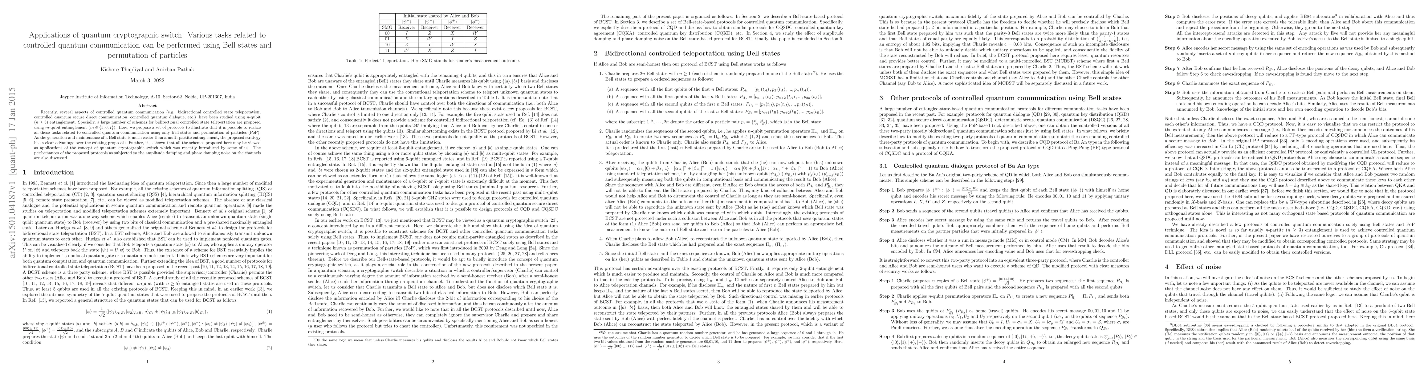 Thumbnail for Applications of quantum cryptographic switch: Various tasks related to
  controlled quantum communication can be performed using Bell states and
  permutation of particles