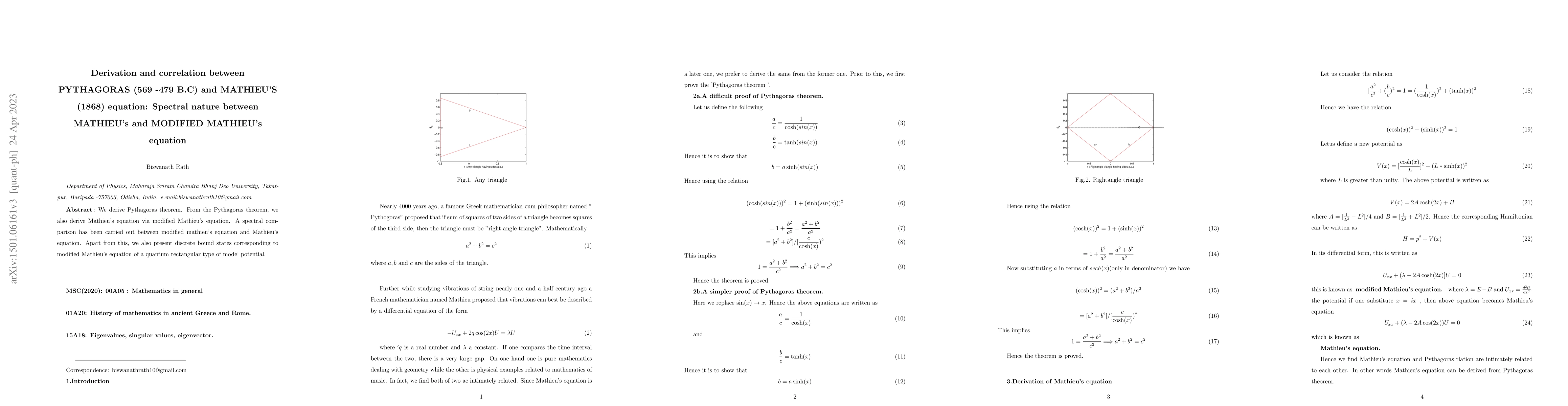 Thumbnail for Derivation and Correlation between Pythagorus (560-479BC) and Mathieu's
  (1868) equation: Spectral nature between Mathieu's and Modified Mathieu's
  equation