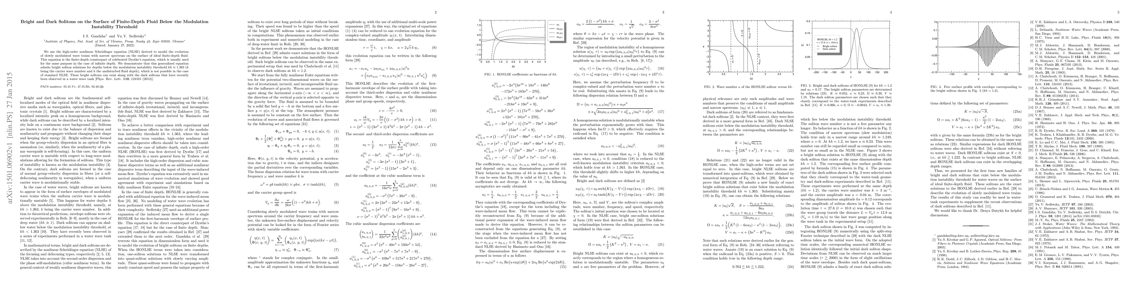 Thumbnail for Bright and Dark Solitons on the Surface of Finite-Depth Fluid Below the
  Modulation Instability Threshold